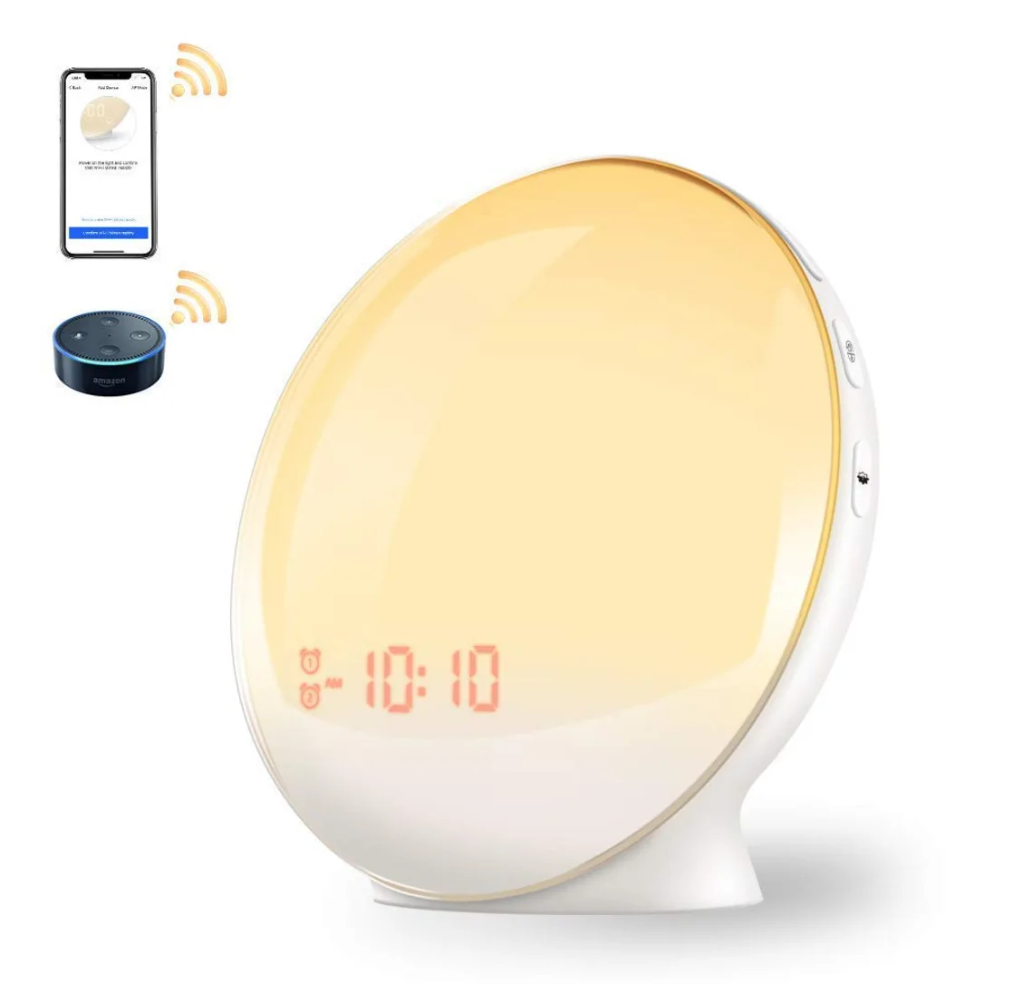 

WiFi intelligent Alarm Wake Up Digital Snooze Night Lamp Clock Sunrise Colorful Light With Nature Sounds FM Radios