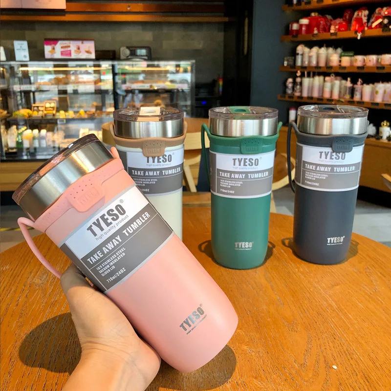 

New Large Stainless Steel Vacuum Flasks & Thermoses Coffee Cup Coffee Mug Travel With Silicone Cup Sleeve Tyeso for Gifts, White, green, pink, navy blue