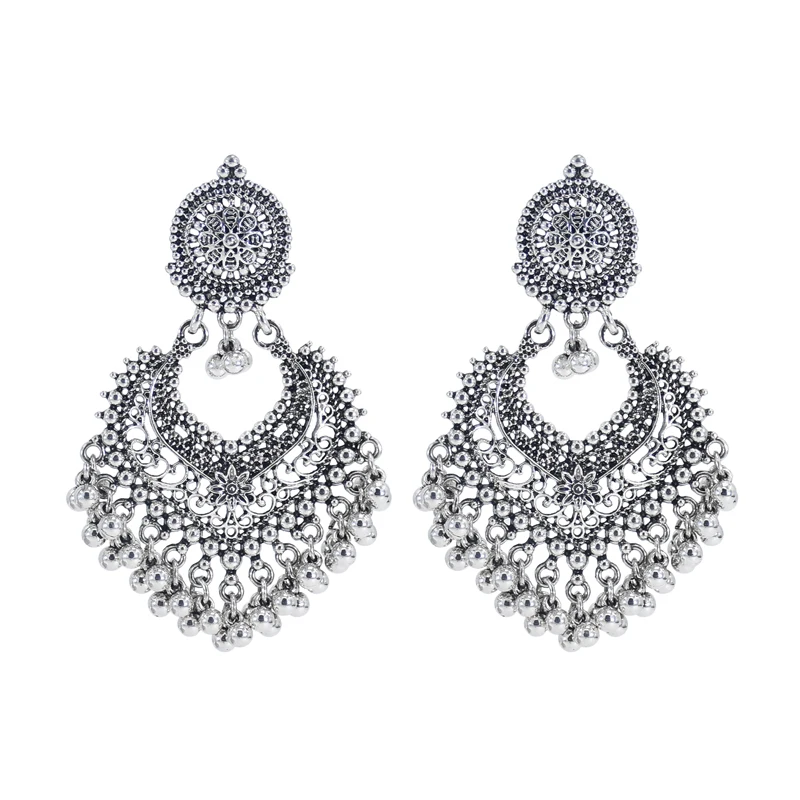 

Bohemian Bollywood Oxidized Jewellery Ethnic Silver Afghan Tassel Earrings Flowers Jhumka Indian Bell Earrings, Silver,gold