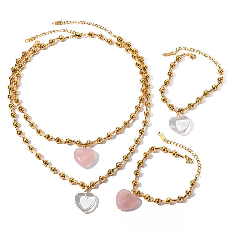 

G2090 Waterproof 18K Gold PVD Plated Stainless Steel Fashion Jewellery Transparent Heart Charm Bracelet Necklace Jewelry Sets