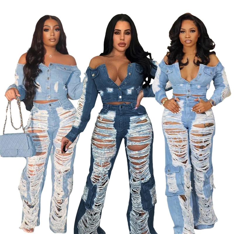 

designer korean style branded ladies women sexy ripped straight long denim jeans pants plus size woman jeans wear for women 2023