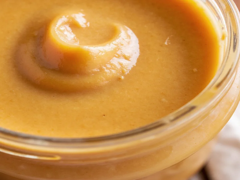 Close-up of smooth homemade peanut butter in jar