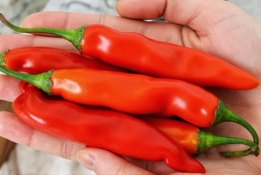 Fresh serrano chile peppers in various color stages on wooden cutting board