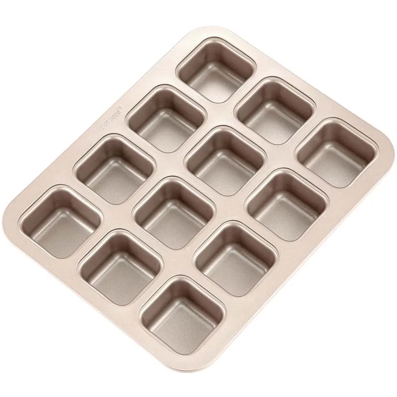 

CHEFMADE Kitchen Bakeware Non-stick Baking Tray Mold Mould Non Stick 12 Min Cup Cavity Mini Square Cake Pan, Champagne gold