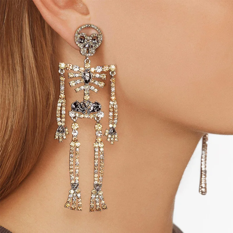 

2020 Halloween Alloy Rhinestone Dangle Drop Crystal Skeleton Long Statement Earrings