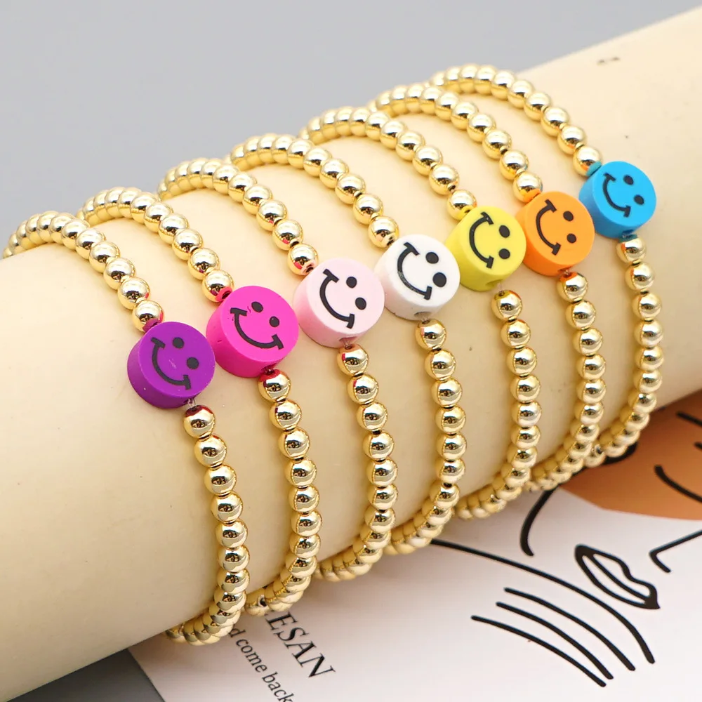 

Y2K Style Handmade Acrylic Golden Beaded Happy Face Jewelry Polymer Clay Strands Heishi Vinyl Disk Smiley Face Beads Bracelet