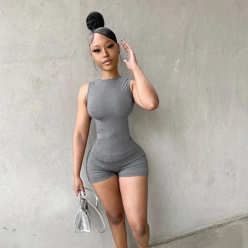 

All Girl Can Wear One Piece Sport Jumpsuit Plain Grey Sleeveless Shorts Jumpsuits Sporty Womens