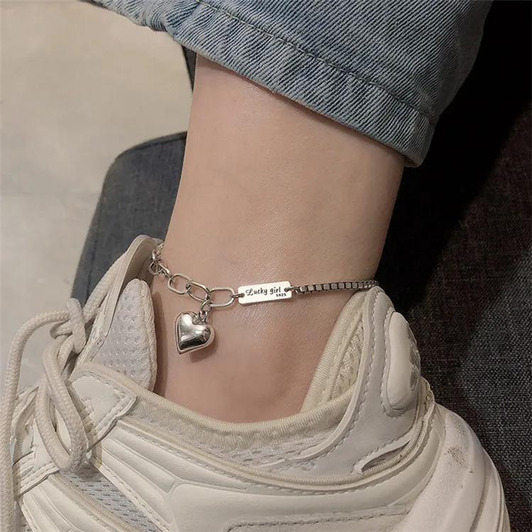 

Love 925 Sterling Silver Long Anklet Female Korean Fashion Cute Heart Pendant Student Ankle Chain, Gold,rose gold