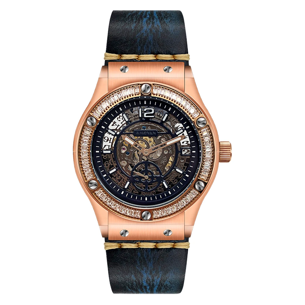 

Luxury Men Watches With Genuine Leather Watch Bands Skeleton Design Quartz Watches