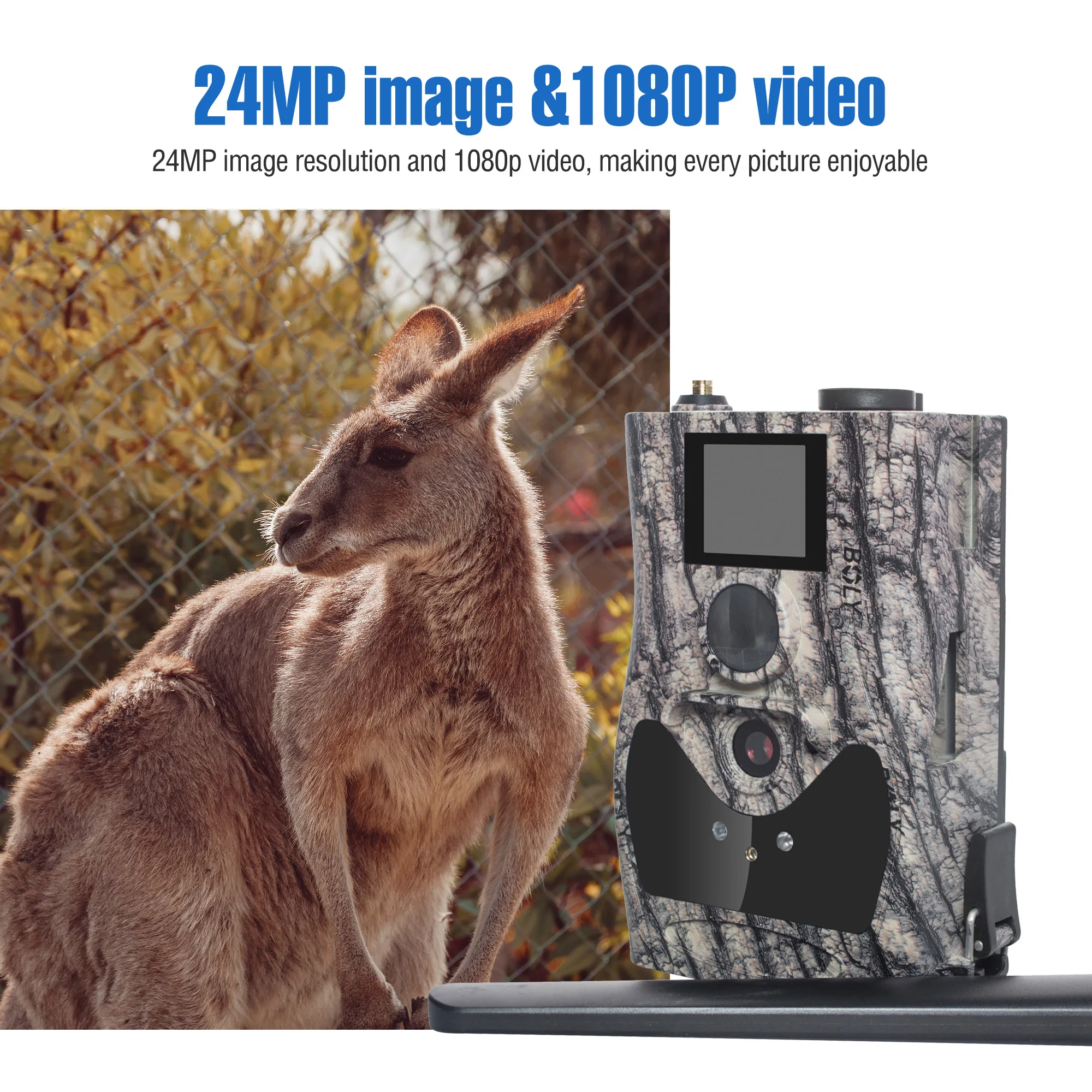 
Boly 4G Wireless Trail Camera 24MP1080P Scouting Hunting Camera 90ft Detection 940nm IR Support Audio Recording Molnus Cloud 