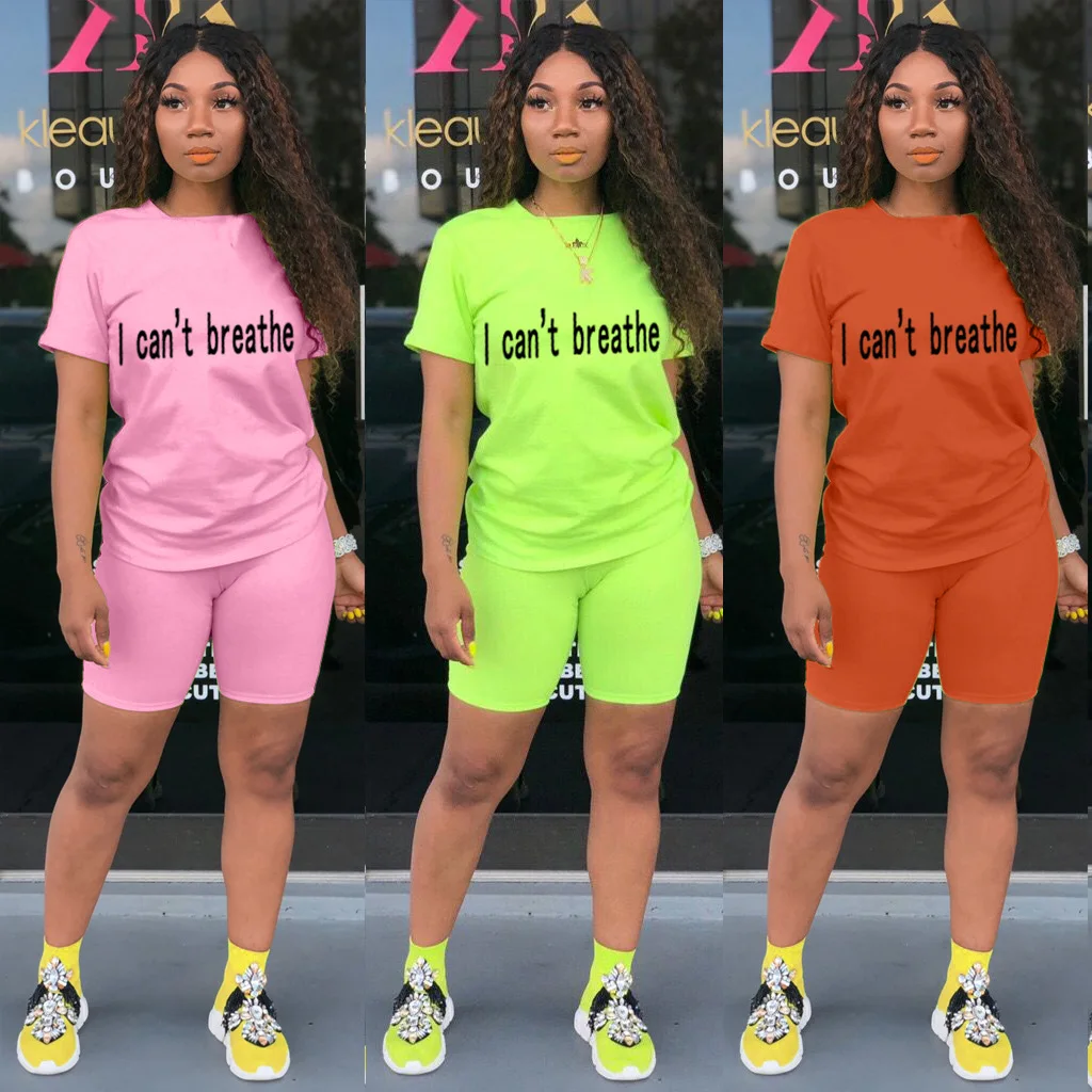 

Hot selling summer contrast color short sleeve casual letter printed women two piece set, Customized color