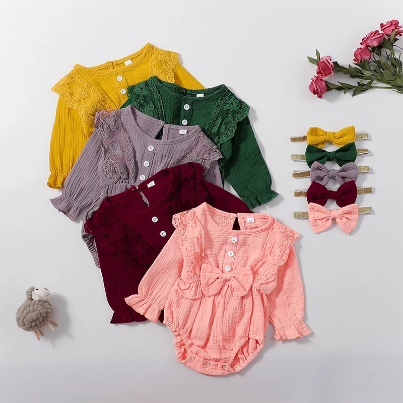 

0-24 Months Solid Color Romper Baby Long Sleeve Lace Snap Button Newborn Girl Jumpsuit With Headband MHA20578