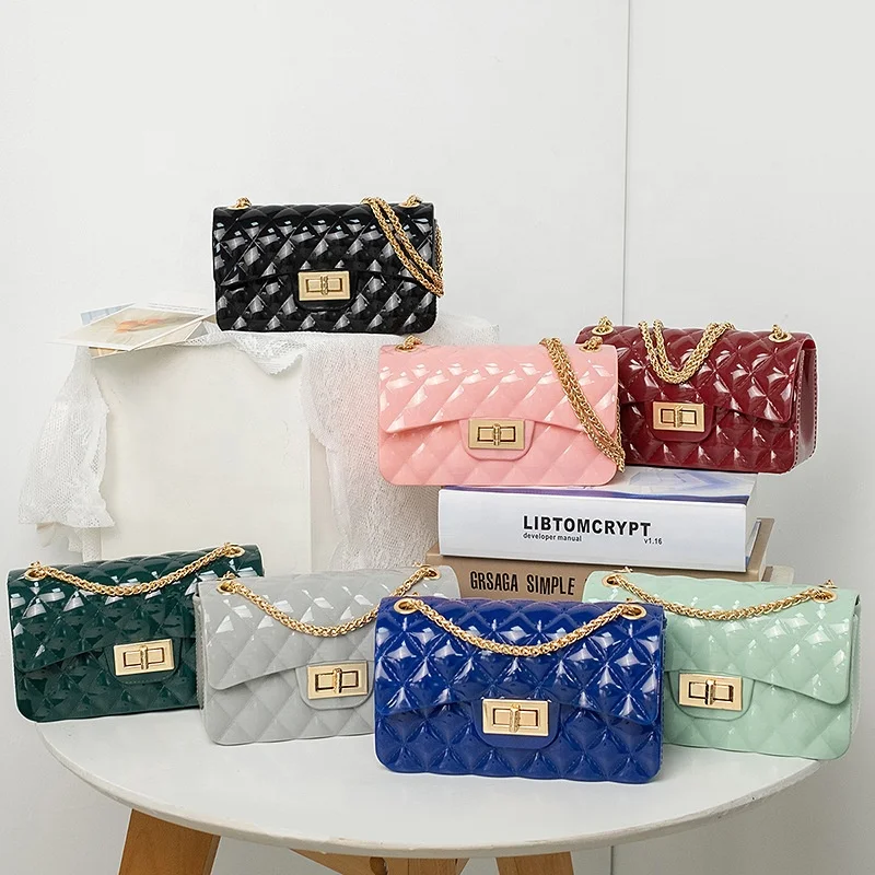 

2021 new lock wallet glossy bag chain messenger bag mini jelly color shoulder bag crossbody PVC jelly purses