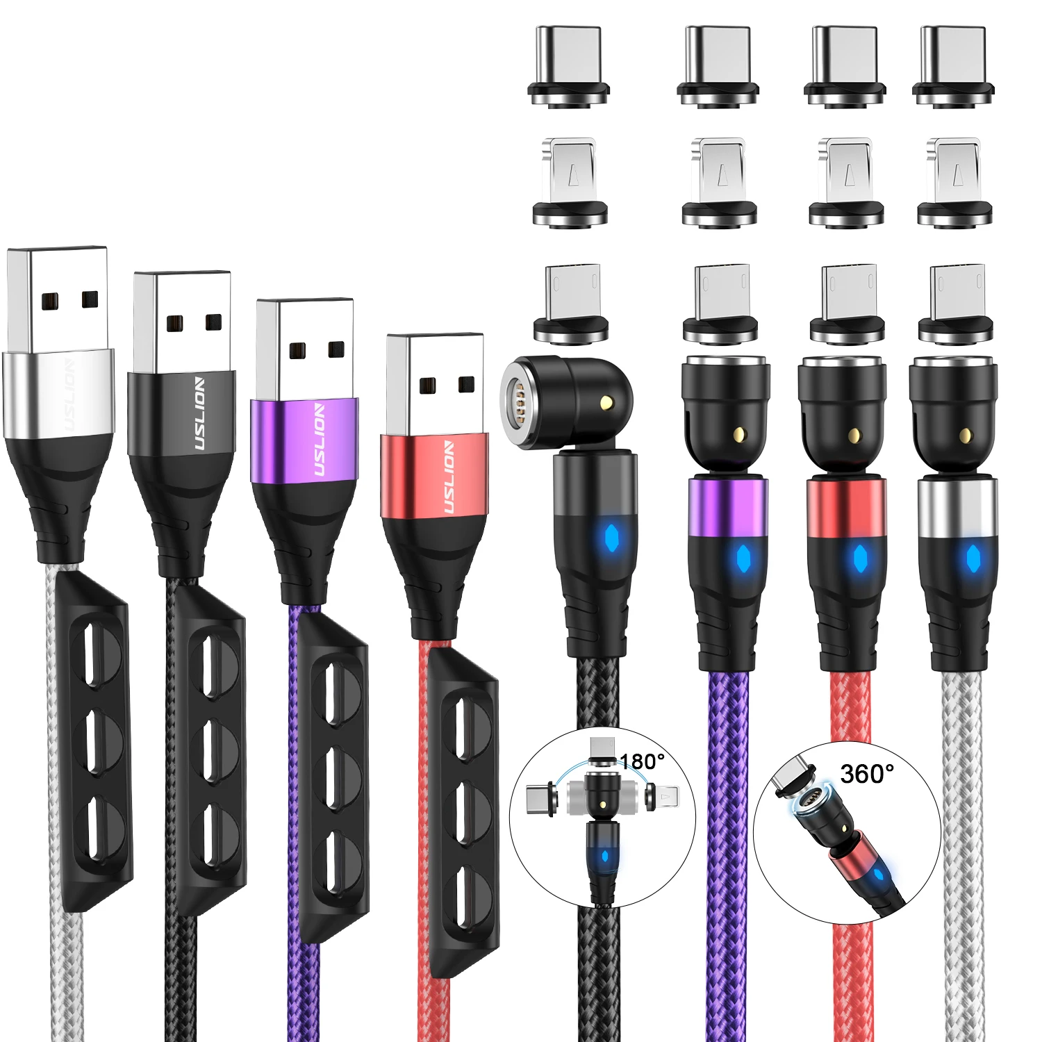

Magnetic 3 in 1 Data Cable for Huawei for iPhone Micro Type C Fast Charger Cable 3A for Samsung Charging Wire 540 Rotate Cord, Black,red,silver,purple