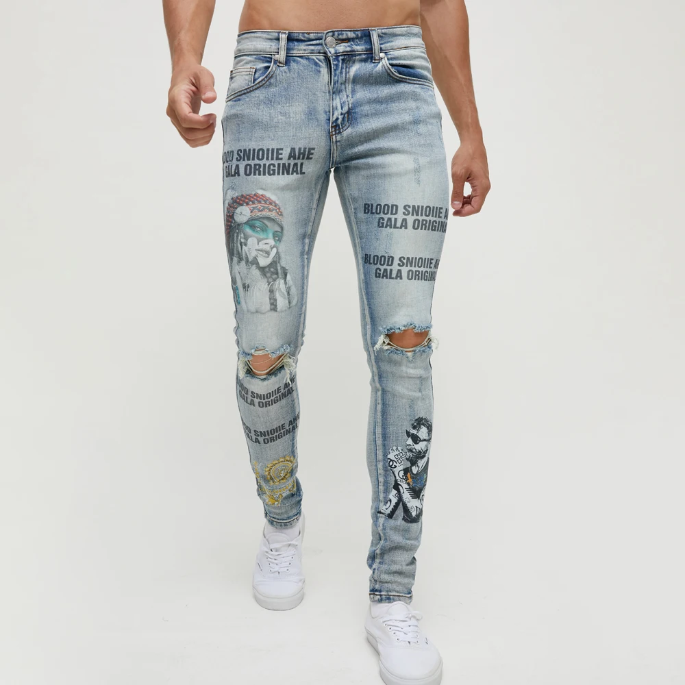 DiZNEW Custom Digital Print Brand logo Fashion Mens Jeans Wholesales Slim Light Blue Distressed Wash Denim Pants details