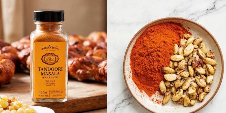 A colorful lineup of spice jars including tandoori masala