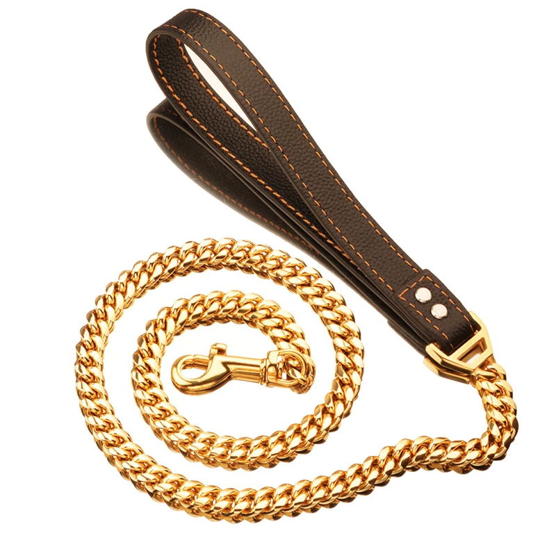 

Pet Dog Gold Chain Leash,Stainless Steel Gold Cuban Link Dog Collar Heavy Metal Pet Leash Chain With Leather Padded Handles, Gold,silver