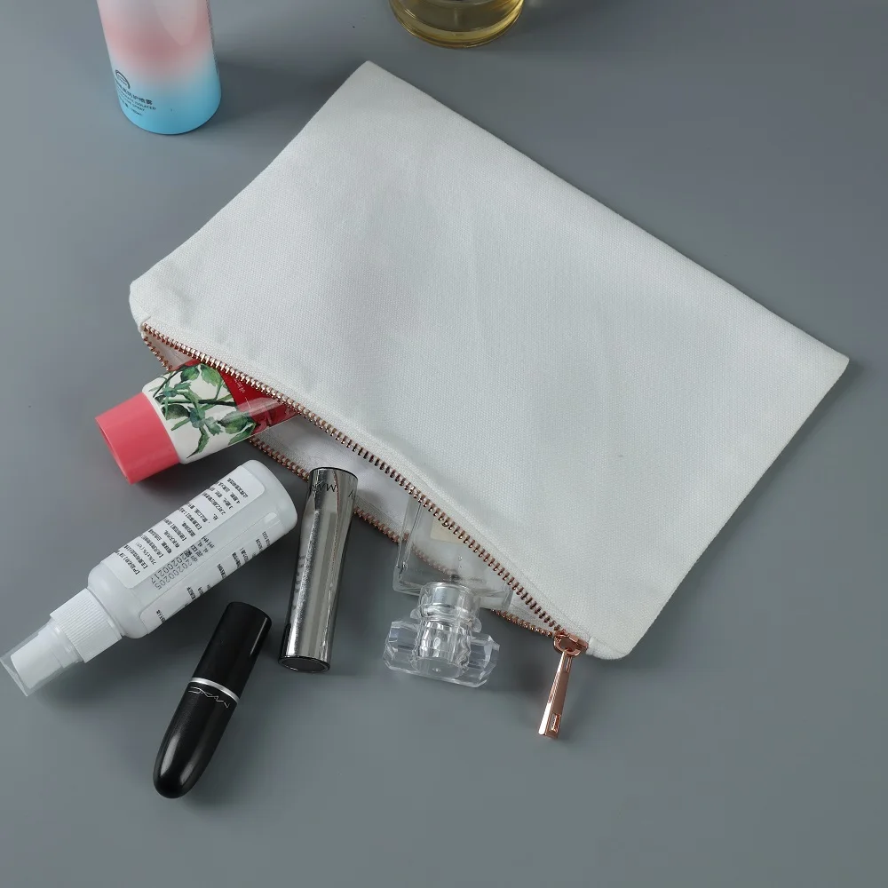 

Makeup Tote Bag Plain 12 Oz Polyester Canvas Sublimation 6X9 inch Cosmetic Bags with Rose Gold Zipper Wedding Gift for Guests