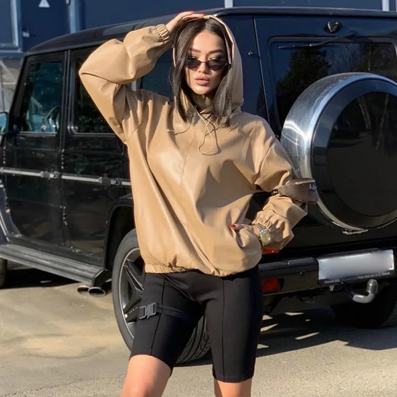 

2020 fall new arrival women's hoodies long sleeve pullover hooded sweatshirt solid leather hoodies streetwear women clothing