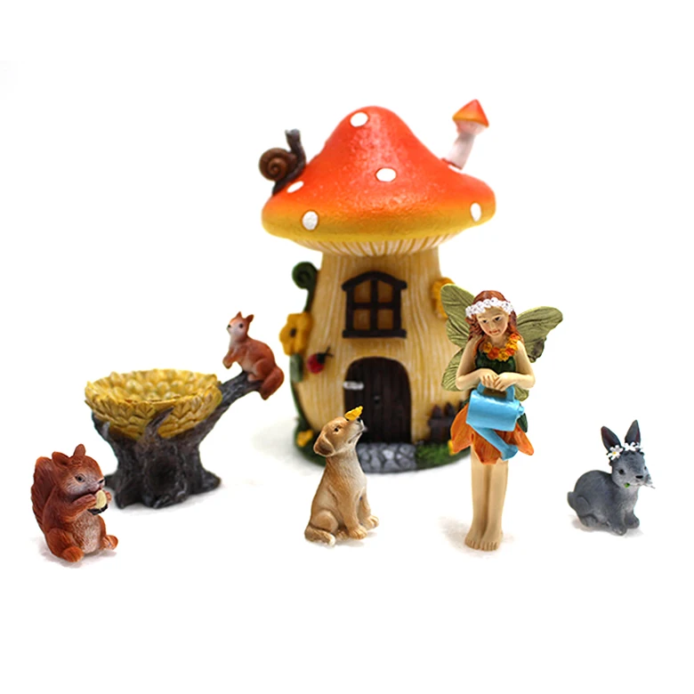 

China wholesale Fairy Garden Miniature Kit Mushroom House Resin Set of 6 pcs Hand Painted DIY Miniature Garden Ornament Sets