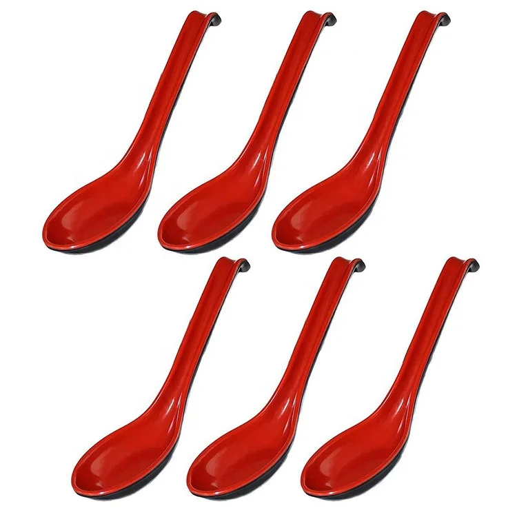 6.5 Inch Chinese Japanese Korean Style Asian Hook Soba Noodle Won Ton Soup Spoons Red and Black Melamine Spoon