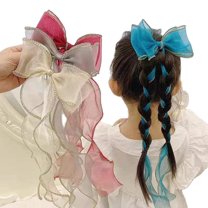 

Wholesale Children's Long Ribbon Bow Hair Clip Princess Yarn Super Fairy Girls Cute Korean Braided Hair Band Hairpin For Girls