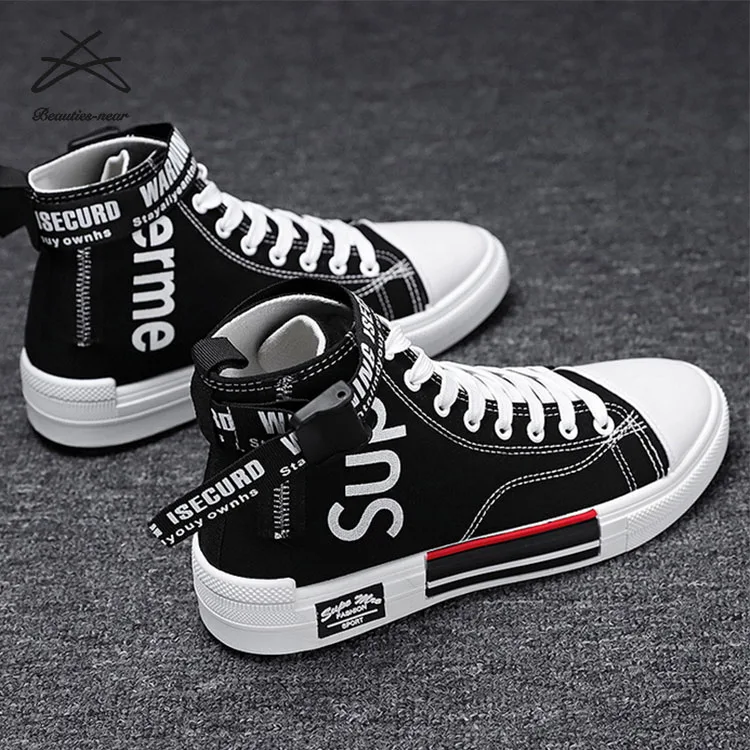 

RTS New men fashion lace up jazz dance shoes punk high top painting canvas sneaker shoes, Black,white