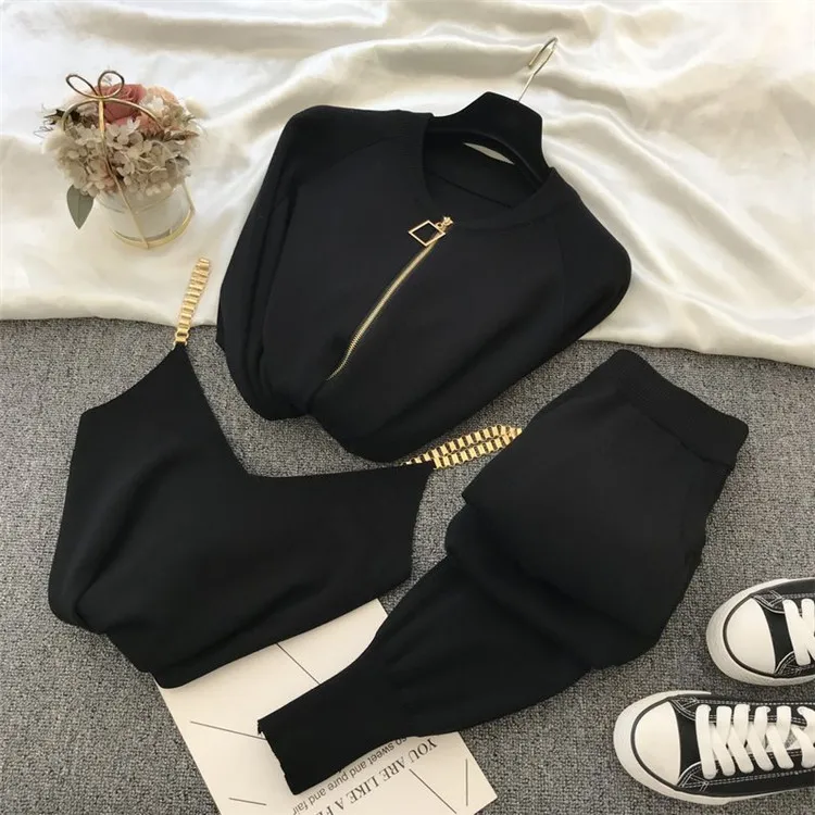 

new arrival ladies sweater Chain vest knitted jacket suit elastic pants three piece set, Optional
