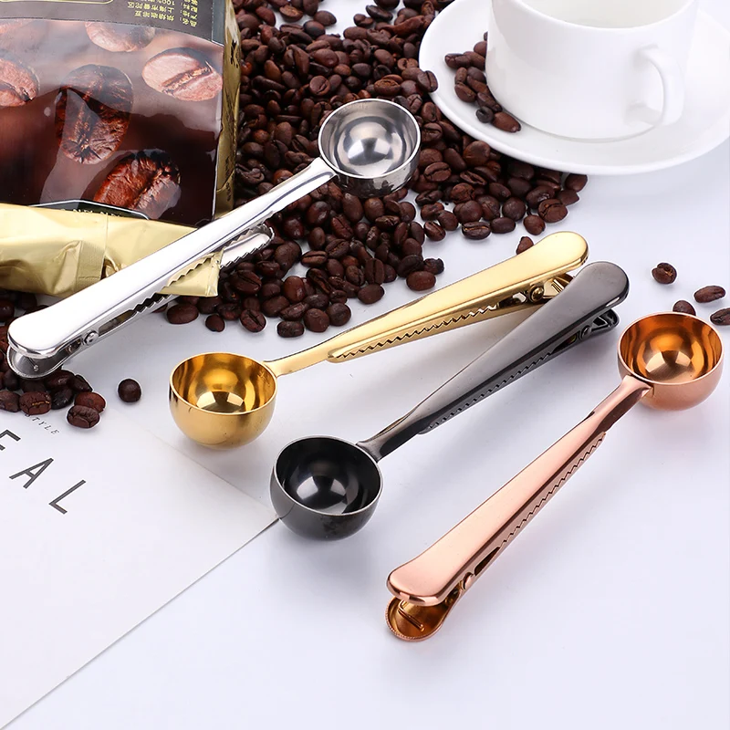 
Metal Coffee Spoon with bag clip gold 2 in 1 coffee scoop wedding door gift 