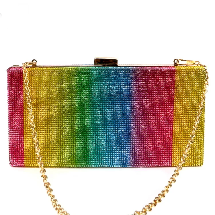 

In Stock Wholesale Women Chain Shoulder Clutch Purse Colorful Rainbow Crystal Diamond Buckle Ladies Wedding Evening Bags