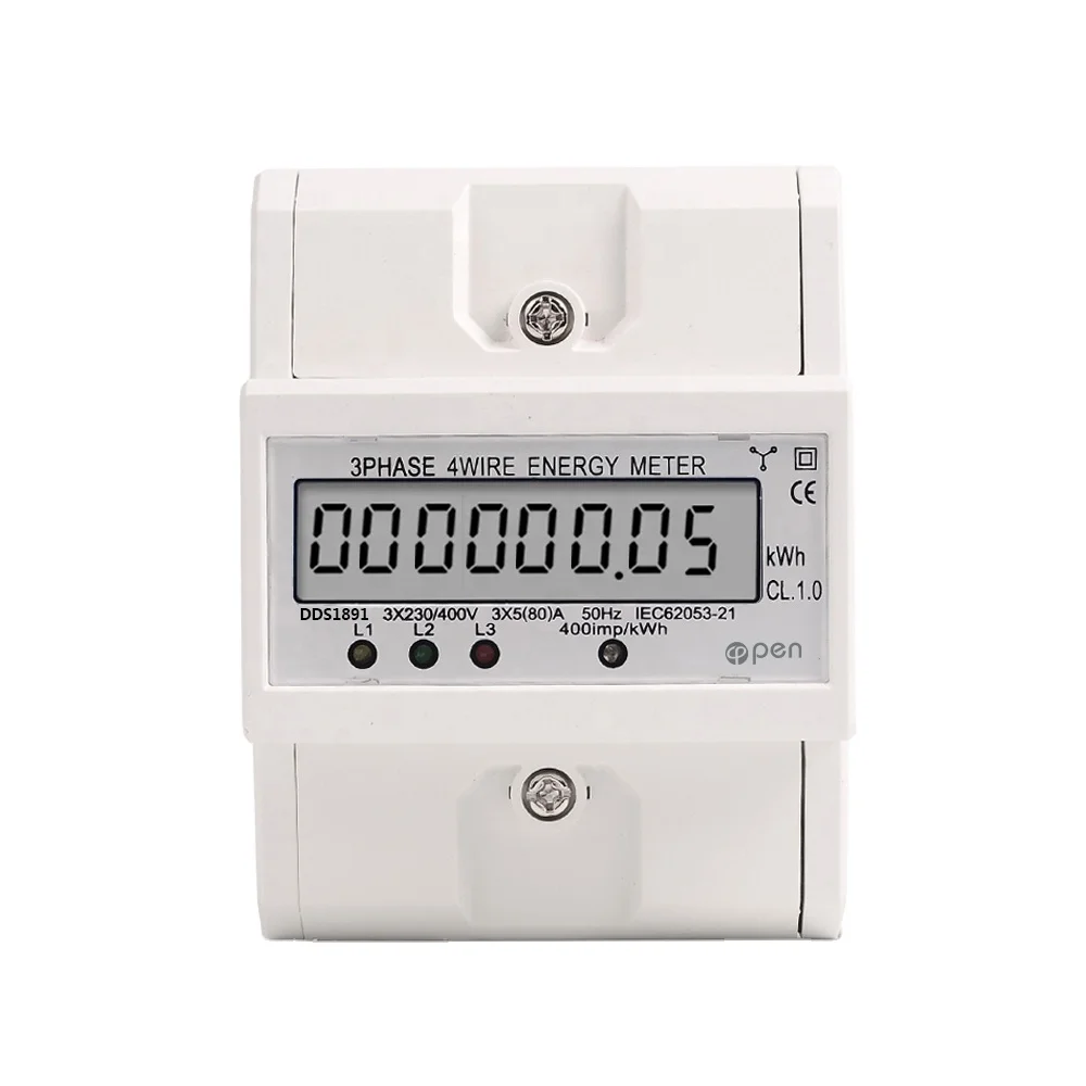 

Open Electric Din Rail LCD Backlight Display 3 Phase 4 Wire Electronic Watt Power Consumption Energy Meter r kWh 5-80A AC 50Hz