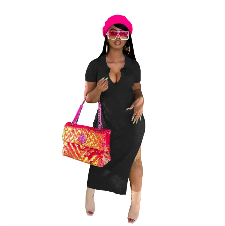 

W2895 Women's Summer Polo Long Dress Solid Color Pit Strip Elastic Lady's Dress, As pictures