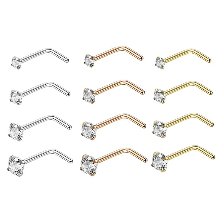 

12PCS Surgical Steel Mix Color Diamond CZ Nose Stud Rings Screw Piercing Jewelry