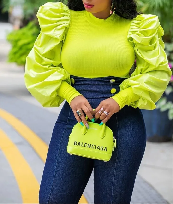 

Fashion Ladies Tops Solid Color Round Neck Long Puff Sleeve Sexy Women Blouse
