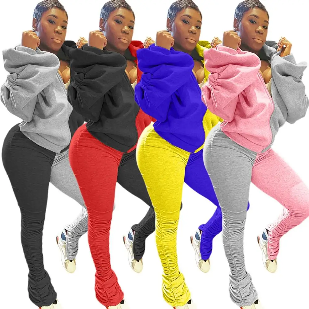 

Women Two Piece Outfits Joggers Fall Clothing Ladies Long Sleeves Winter 2 Piece Sweat Suits Patchwork Stacked Pants Set