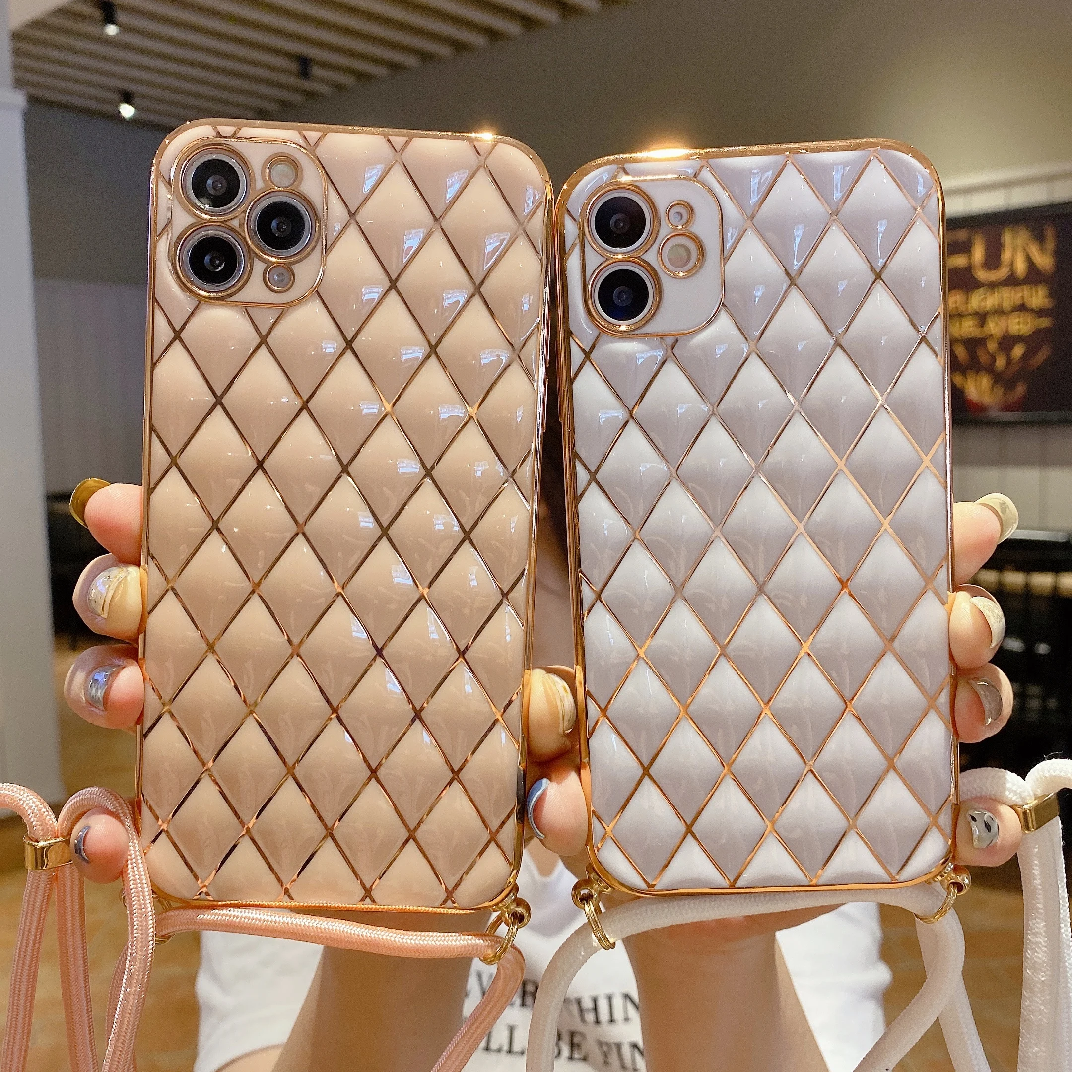 

Drop Shipping Luxury Glossy Leather Plating Phone Case for iphone 12 MiNi 11 Pro Max XS 8 plus with Lanyard Mobile Phone Straps