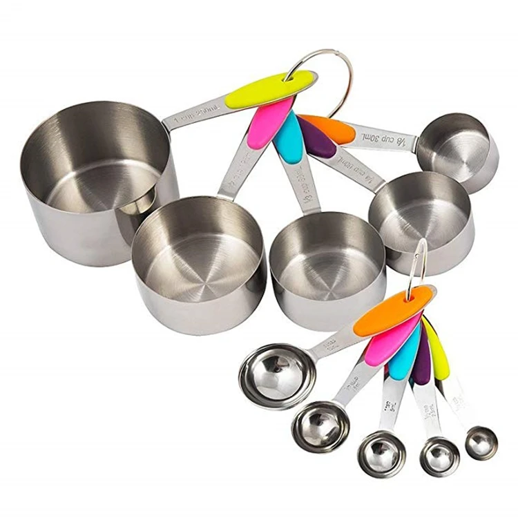 

2020 Amazon Hot-selling 10pcs Customized Logo Printing Stainless Steel with Silicone Handle Measuring Spoon Cup Set, Assorted color