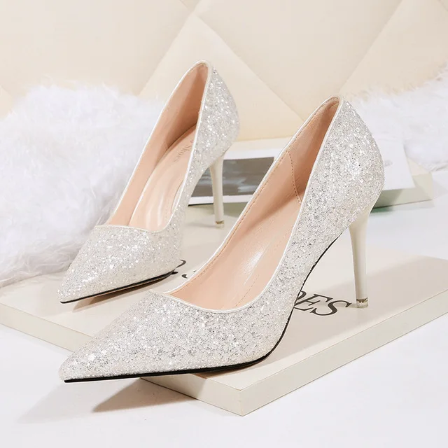 

Sexy Bling Bridal Wedding Women Shoes Silver High Heels, Gold, silver, pink, gray, black.