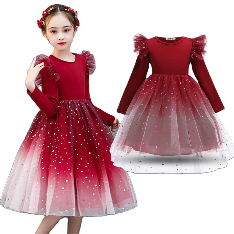 

Girls Winter Dresses For Kids gorgeous Long Sleeve Sequin Mesh Tulle Tutu Clothes Christmas Wedding Party dress, Picture shows
