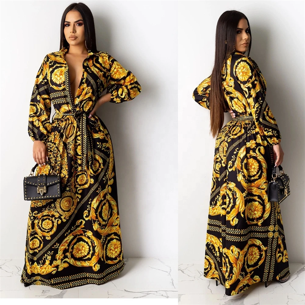 

LO-2008463 Women night club dress oversize long Sleeves Dresses lady printed long dresses with belt hotsale woman clothing