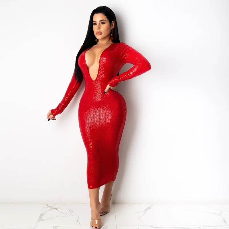 

New Spring and Autumn New Plus Size Deep V-neck Sexy Tight Dress, Picture color