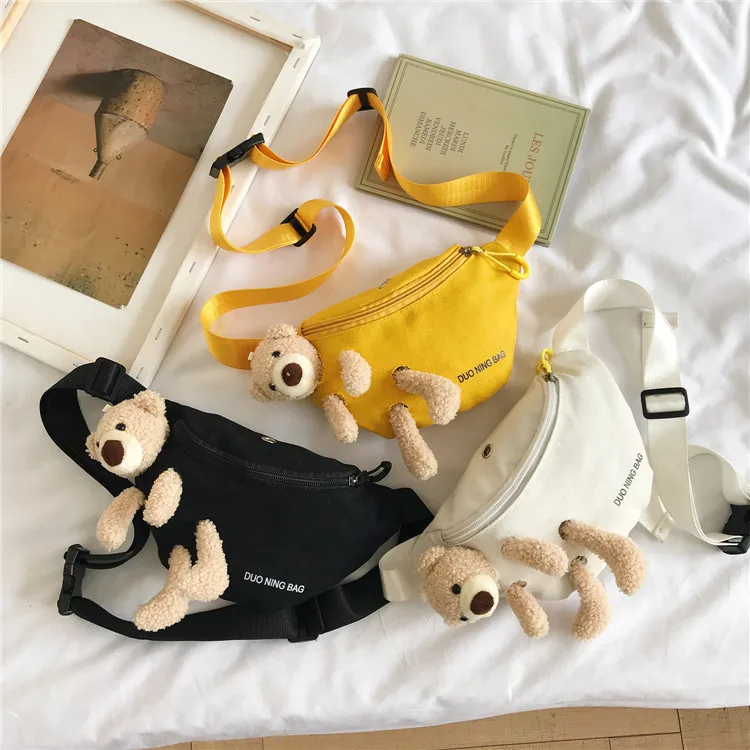 

Cartoon Cute Bear Square Chest Shoulder Bag 2022 Ladies Women Canvas Messenger Bag For Student, White, yellow, black
