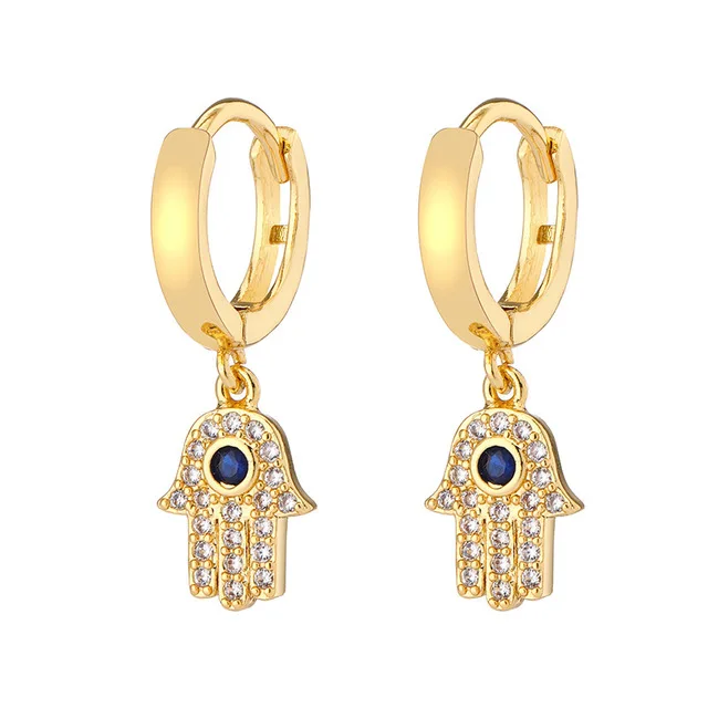 

ODM Aretes Fashion Jewelry Turkey Hamsa Hand Eyes Pendant Crystal Blue Zircon Eye Earrings Hoop, As picture