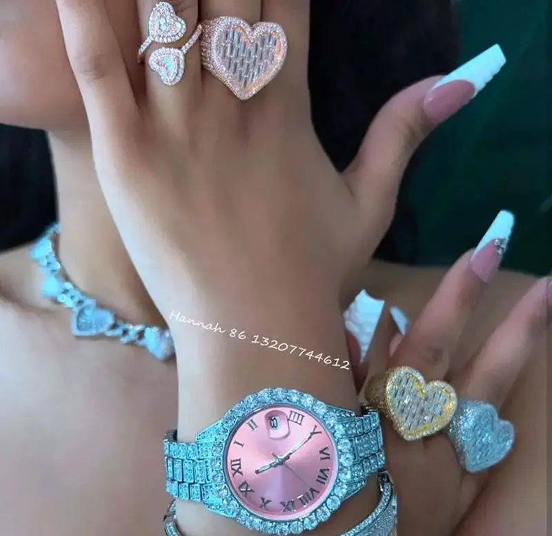 

Foxi Jewelry New Releases Icy Girls Love Ring Hip Hop Women CZ Diamond Ice Out Gold Heart Baguette Rings