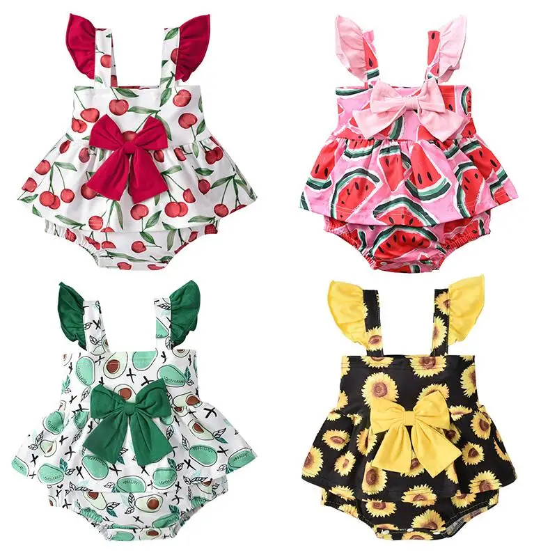 

Sweet Style Ruffle fruit Print Fly Sleeve Romper bodysuit dress princess newborn clothing sets Girls Party Clothes