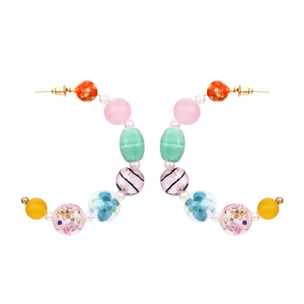 

Trendy Simple Resort Candy Color Glass Beads Bohemian Beaded C-Shaped Earrings