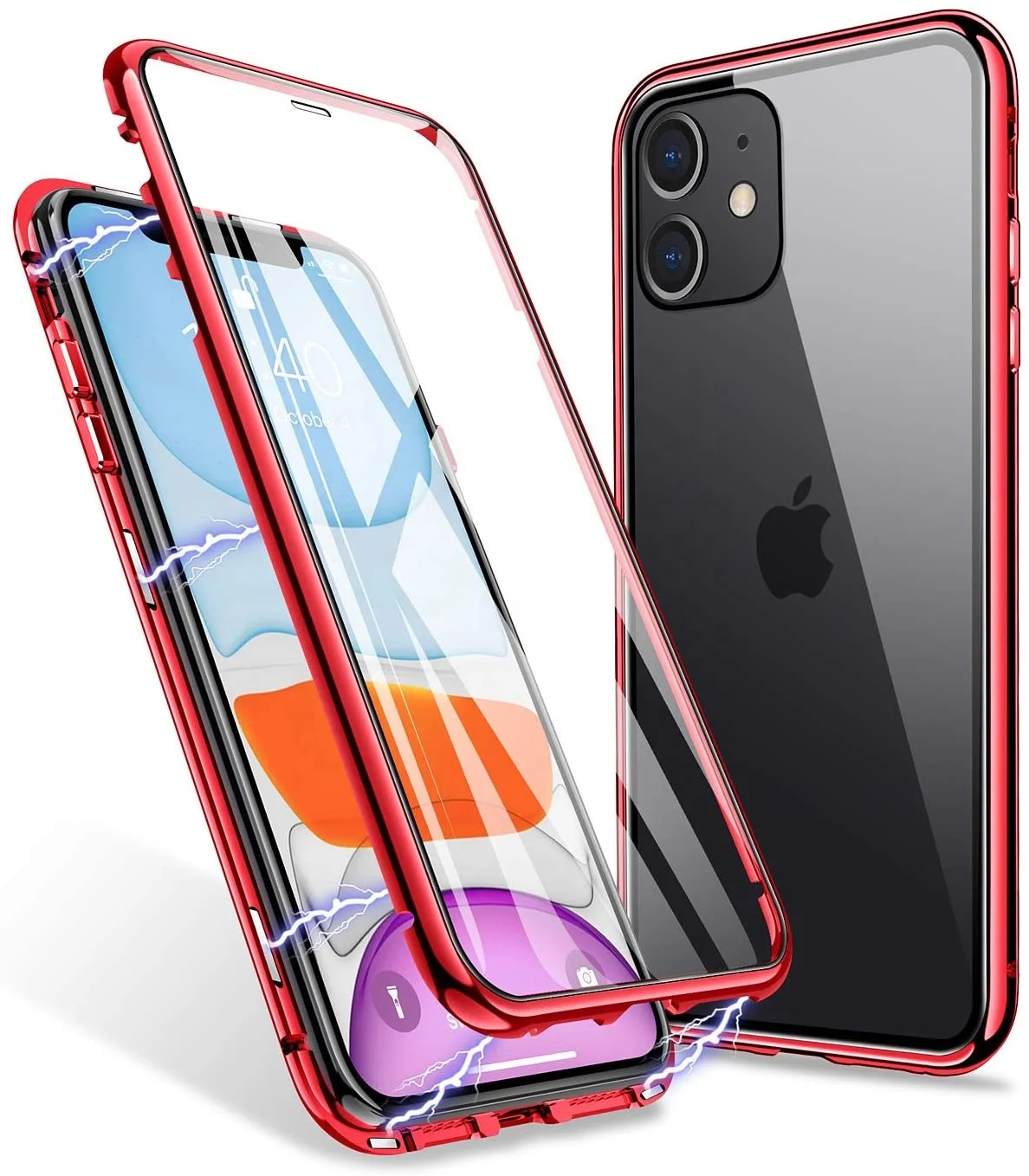 

ZHIKE Fashion Metal Double Sided Tempered Glass Magnetic Adsorption Transparent Mobile Phone Cover for iPhone 11, Black, red, green, silver