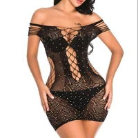 

Women Sexy Sparkle Glitter Rhinestone Fishnet Hollow Out Lingerie Bodysuit