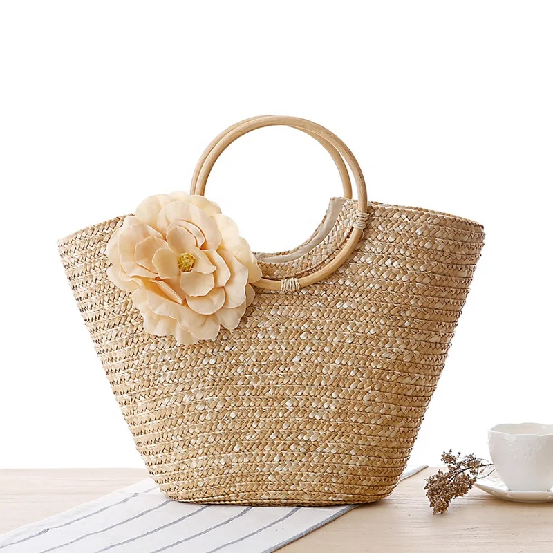 

Customized wholesale new rattan handle woven bag flower hand carry straw woven bag tote beach bag, Yellow,green,original color,rose red