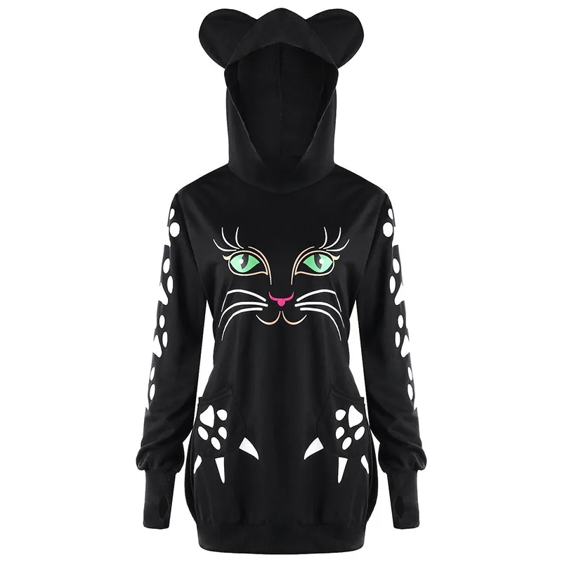 

2021 Autumn Size S To 5 XL Plus Size Popular Long Sleeve Cat Print Side Pockets Cartoon Cute Hoodie with Ears For Women